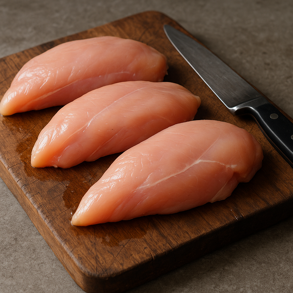 Verse rauwe kipfilet op houten snijplank met mes, natuurlijk licht